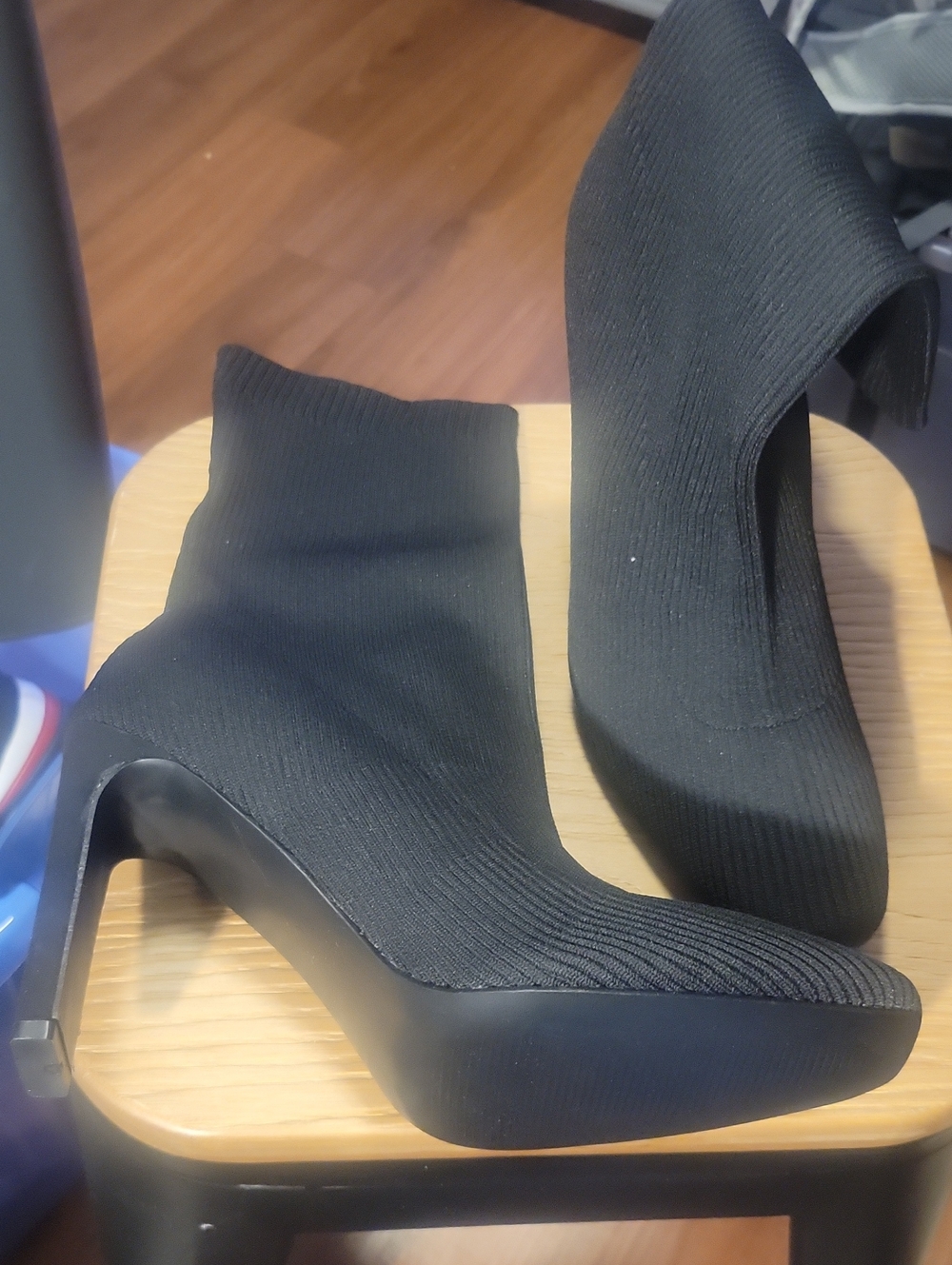 Black Stretch-Knit Platform Sock Booties with High Block Heel